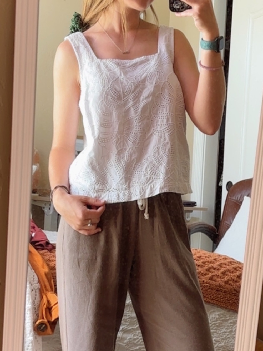 Time and Tru White Eyelet Square-Neck Tank